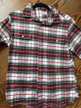 Taylor Stitch Red, White and Green Plaid Button-Down Shirt with Yellow Accents